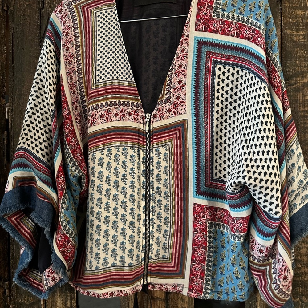 Zara Basic Bohemian Multicolor Kimono Jacket with Denim sleeve accent small - Picture 3 of 6